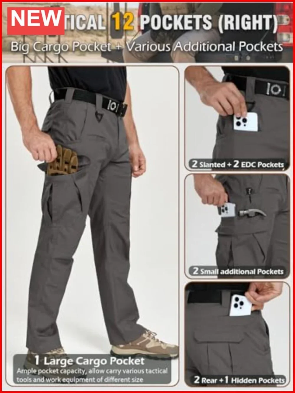 Cargo Work Pants Stretch Ripstop Water Resistant Utility Tactical 12 Pockets